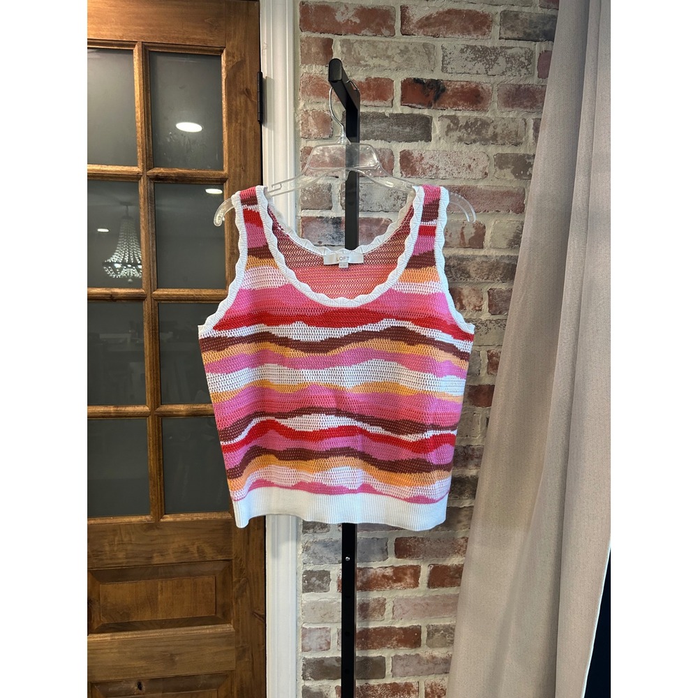 LOFT Sweater Tank Top Women Multicolor Striped Wave Scallop Knit Boho Retro M